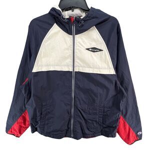 Champion Stadium Wind Jacket Mens L Red Blue Hooded Lined Logo‎ Sports Outdoors